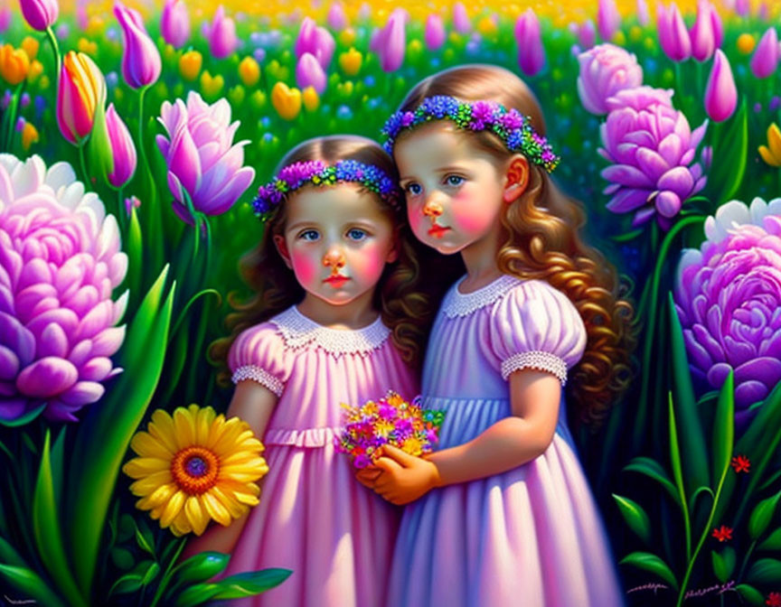 Two girls in purple dresses among vibrant tulips with yellow flower.