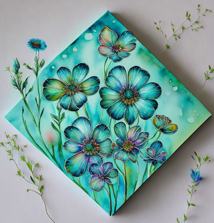 Blue Flowers Watercolor Painting with Green Leaves on Turquoise Background