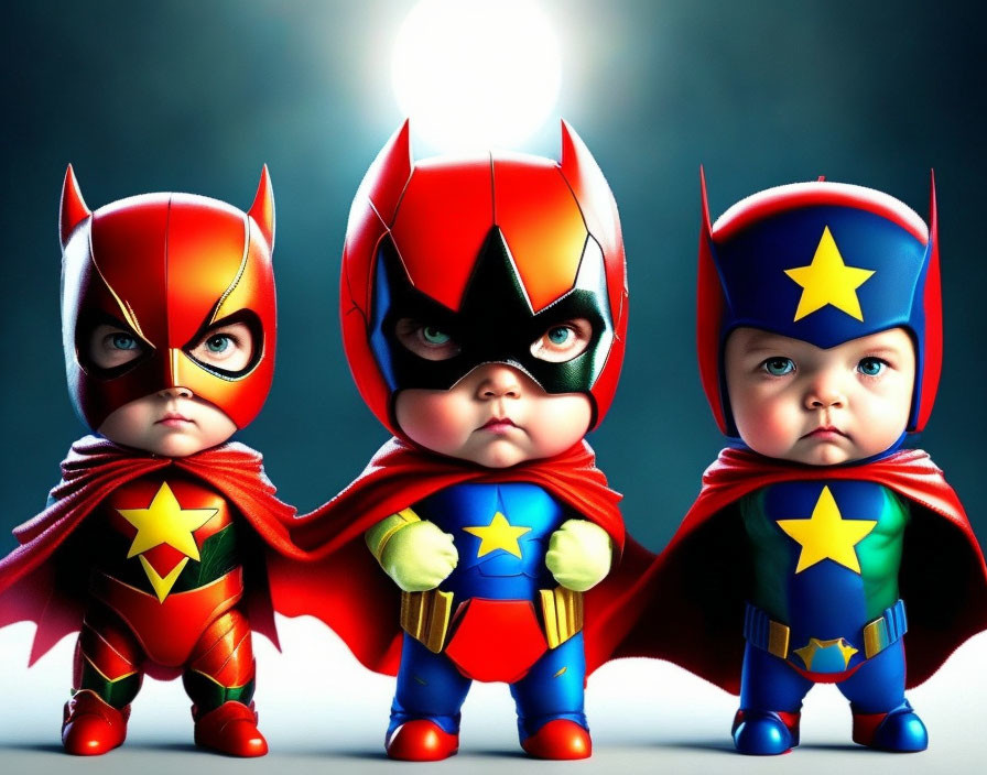 Three babies in superhero costumes with capes and masks on blue backdrop