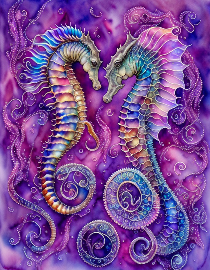 Colorful Seahorse Pair Swimming in Starry Underwater Scene