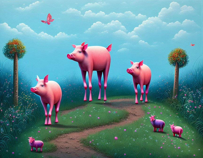 Whimsical pink pig illustration on grassy path with butterfly, flowers, and tree