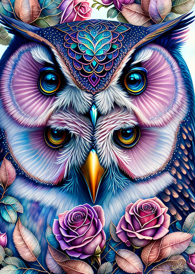 Colorful Owl Illustration with Blue and Purple Feathers and Pink Roses