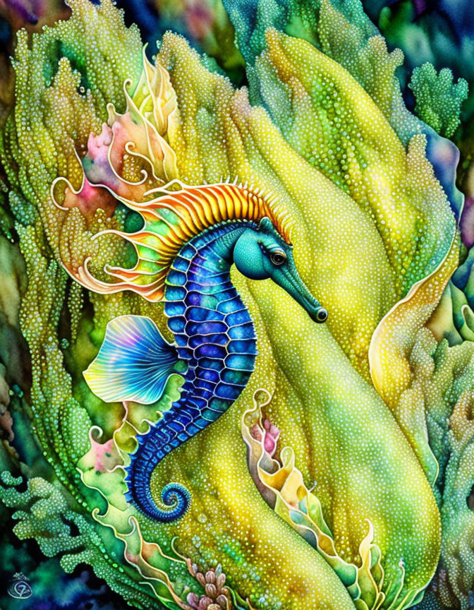 Colorful Underwater Scene with Blue and Green Seahorse Amidst Vibrant Plant Life