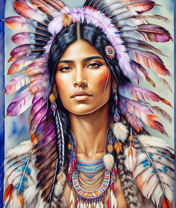 Portrait of Woman in Native American Headdress with Feathers and Beads