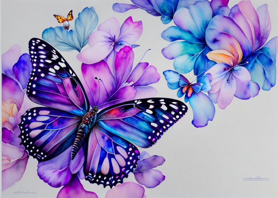 Colorful Watercolor Painting of Blue and Purple Butterfly with Flowers