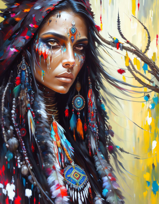 Colorful portrait of woman with tribal makeup and feathers in abstract setting