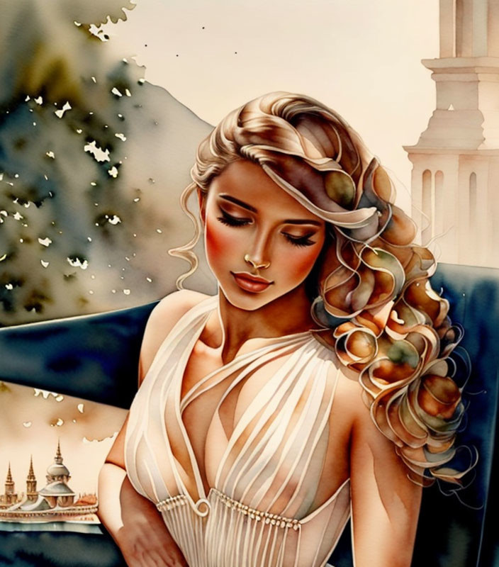 Curly Haired Woman in White Dress with Snowflakes and Blurred Architecture