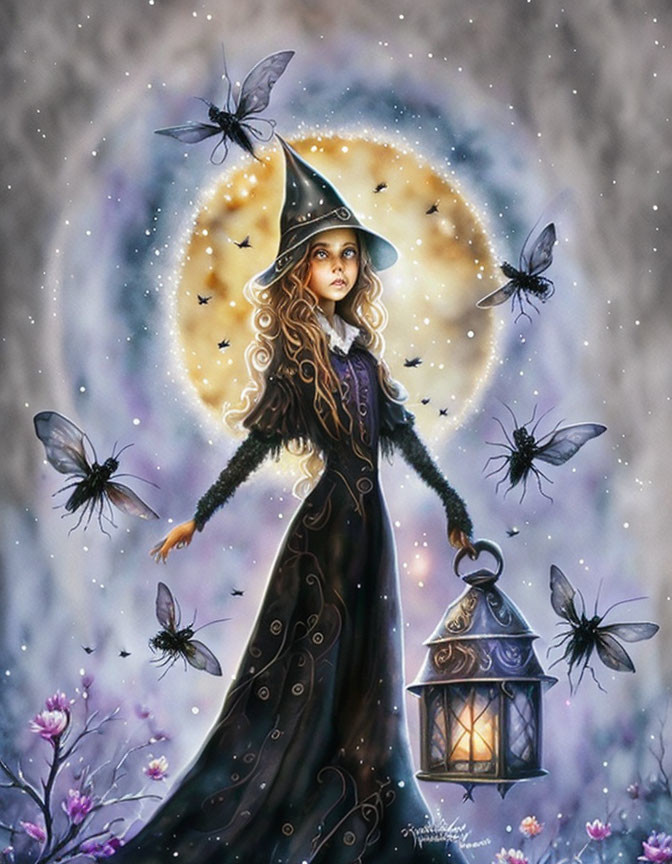 Young Witch in Purple Dress with Lantern and Butterflies in Moonlit Scene