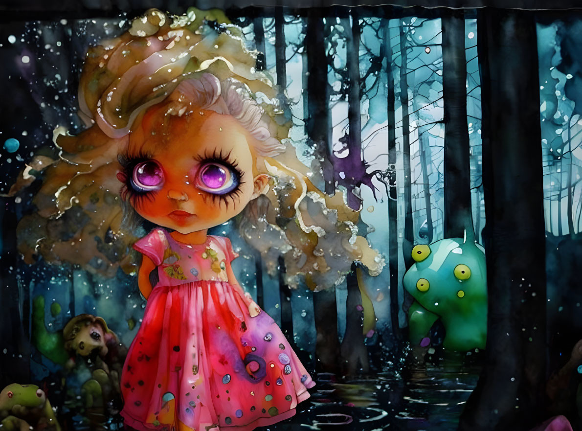 Whimsical girl with curly hair in pink dress surrounded by creatures in enchanted forest