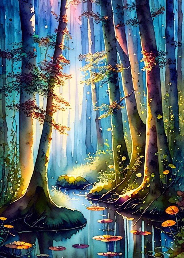 Serene Watercolor Forest Scene with Sunlight and Pond