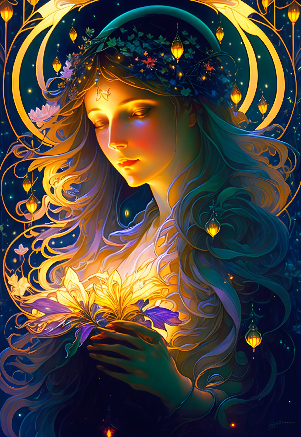 Illustrated woman with glowing flower in celestial setting