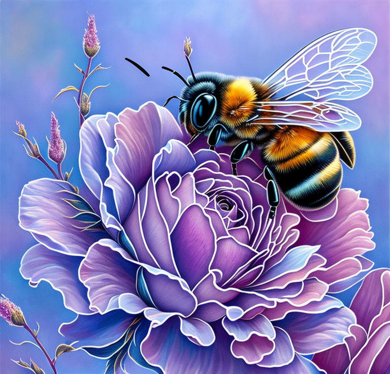 Detailed illustration: Bee on purple flower with gradient background