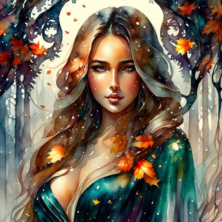 Watercolor illustration of woman with autumn leaves and mystical forest backdrop