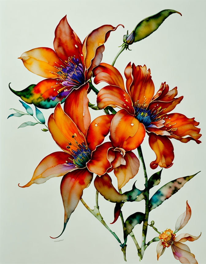 Colorful watercolor painting of blooming orange flowers with delicate petals and stamens on plain background