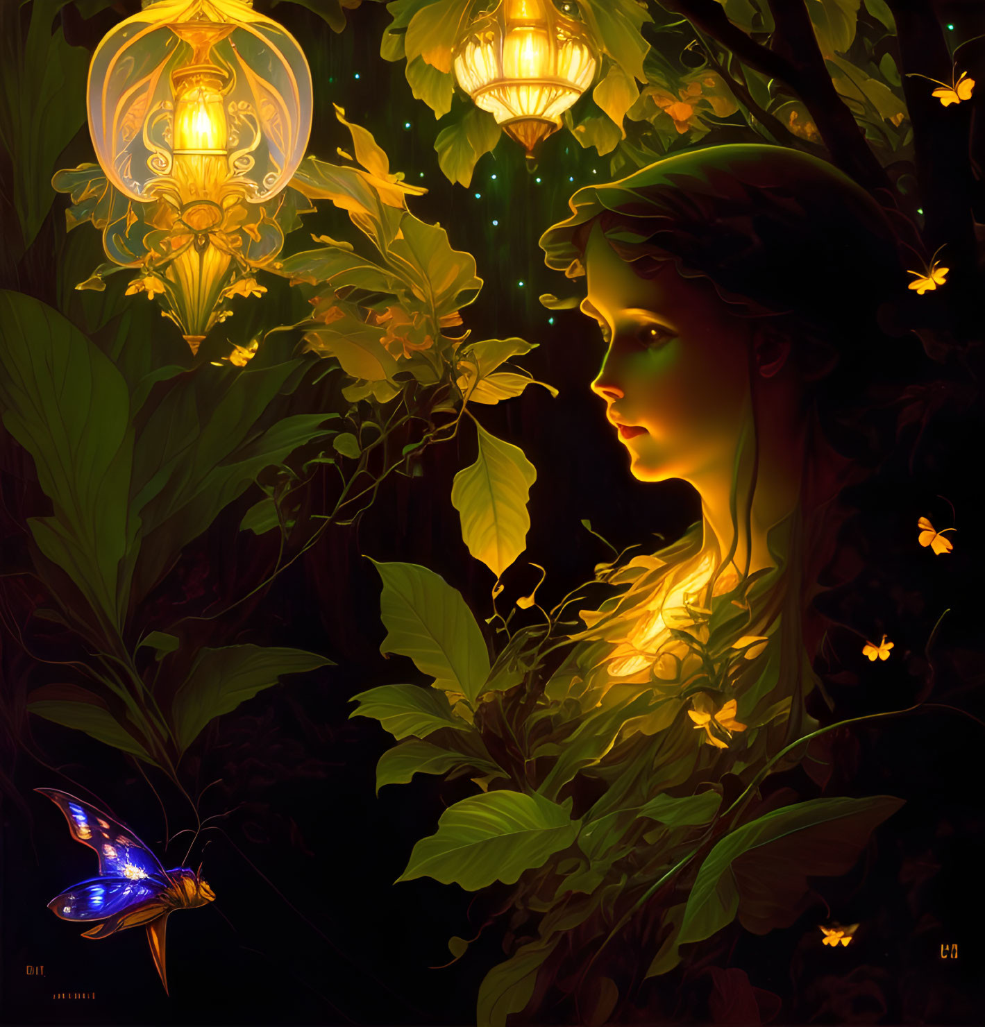 Mystical portrait of a glowing woman with lanterns and butterflies