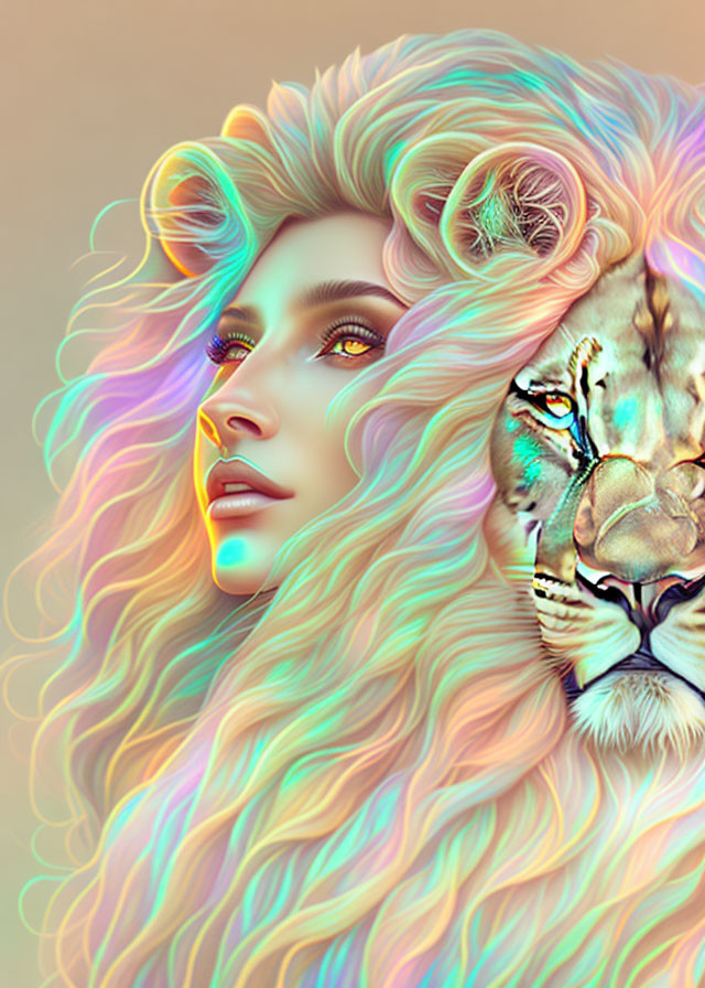 Colorful illustration of woman's face merging with lion, rainbow hair, harmoniously blending human and animal