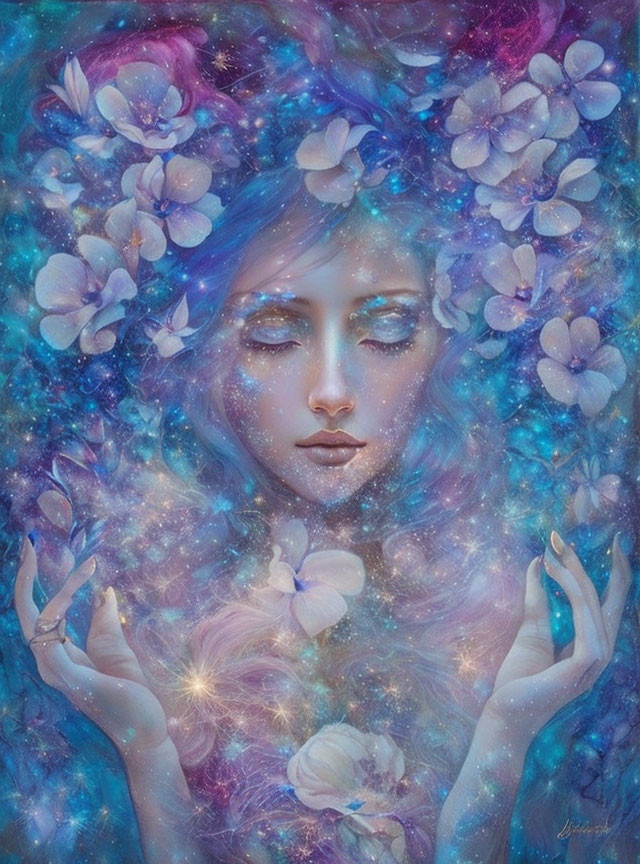 Illustration of woman with blue hair in celestial setting.