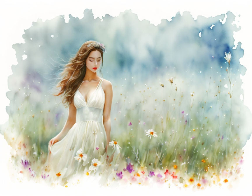 Woman in White Dress Standing in Colorful Meadow Illustration