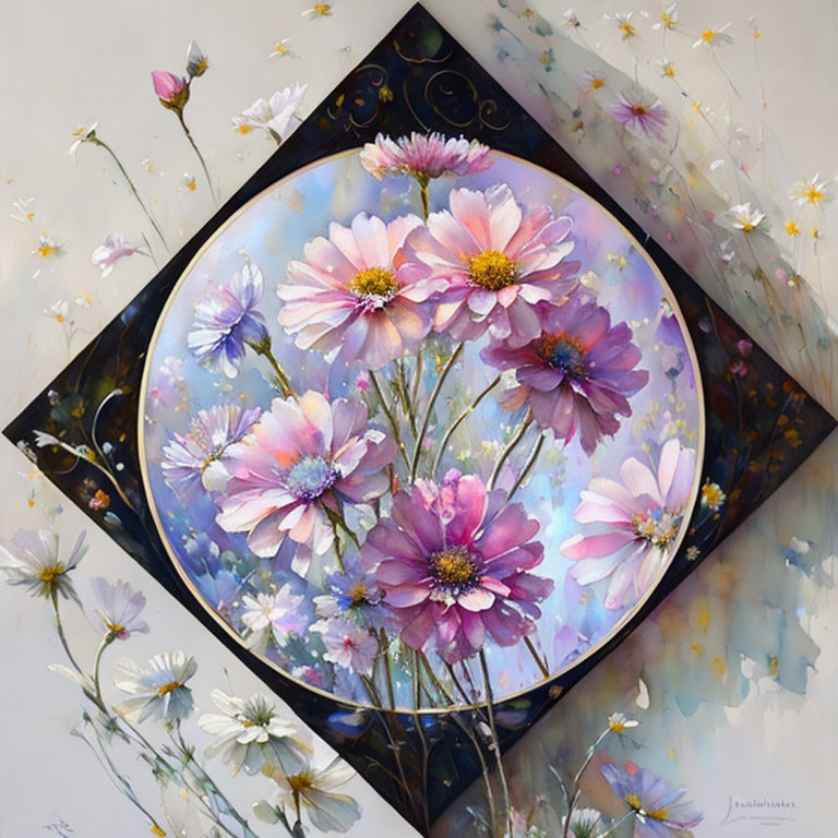 Pink and White Cosmos Flowers Painting with Diamond Border