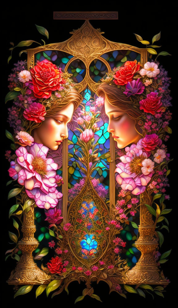 Intricate Artwork: Serene Faces, Vibrant Flowers, Golden Frame