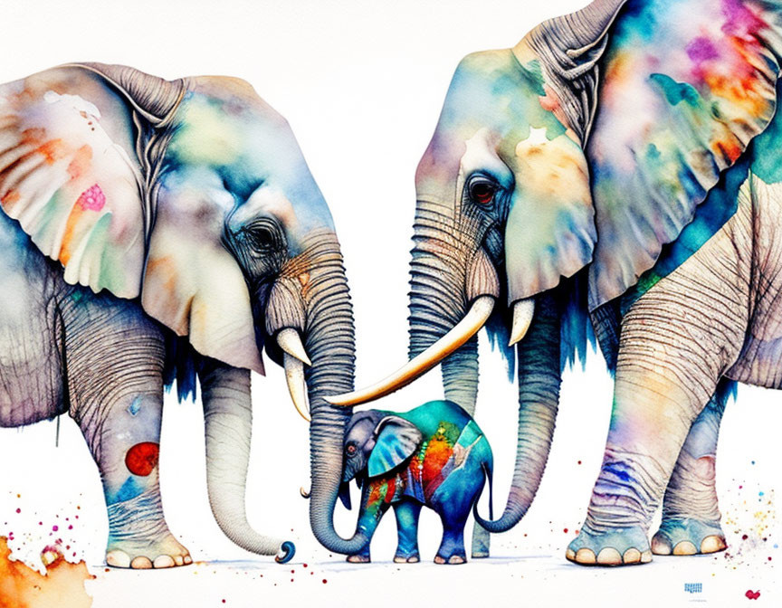 Vibrant watercolor artwork of three elephants in different sizes