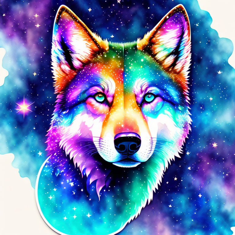 Colorful Wolf Illustration with Cosmic Background