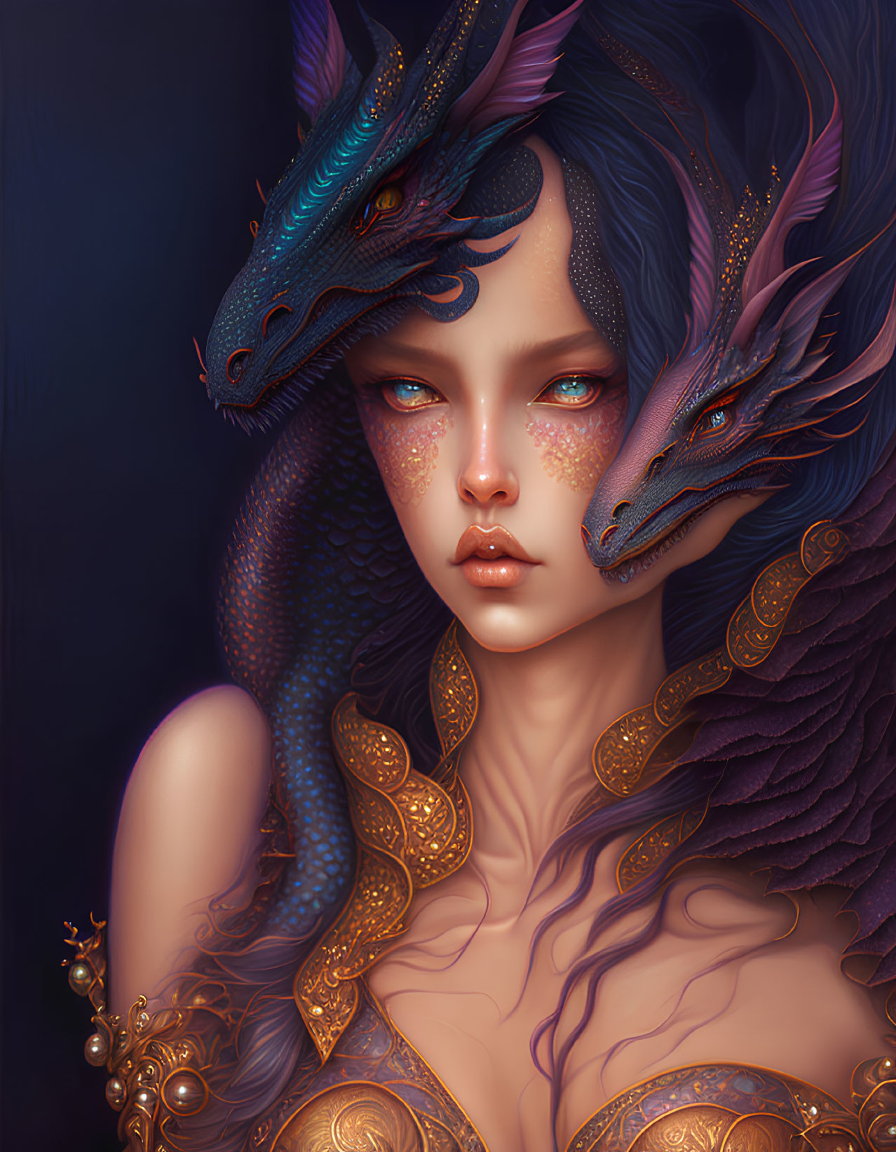 Fantasy illustration: Blue-skinned woman with dragon companions and golden jewelry.