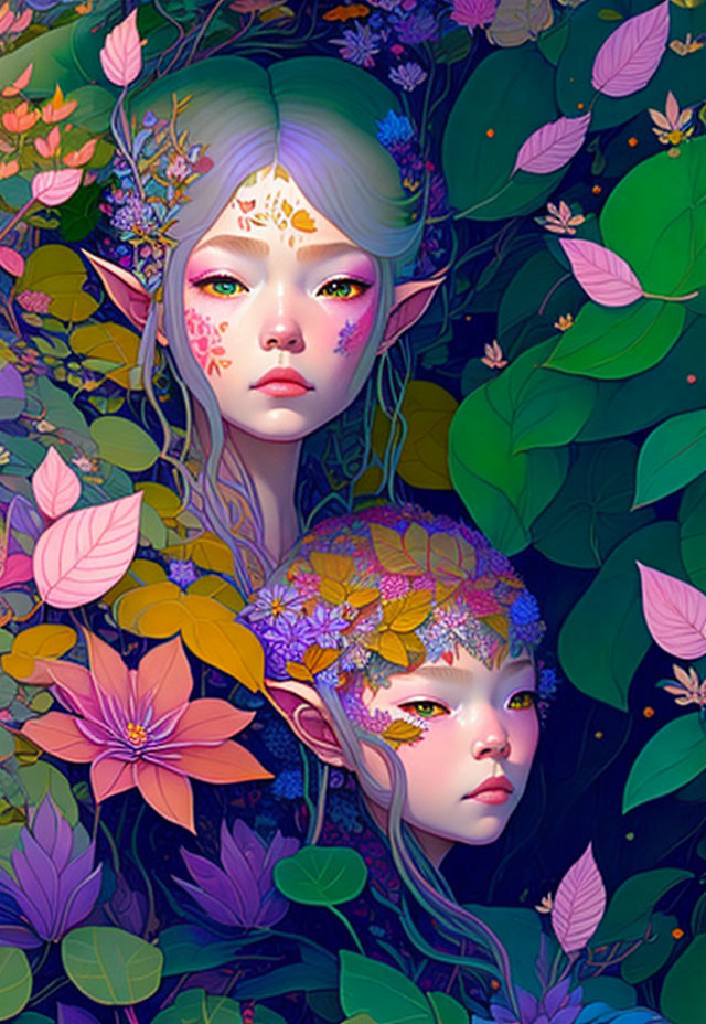 Ethereal beings with floral markings in lush, magical setting