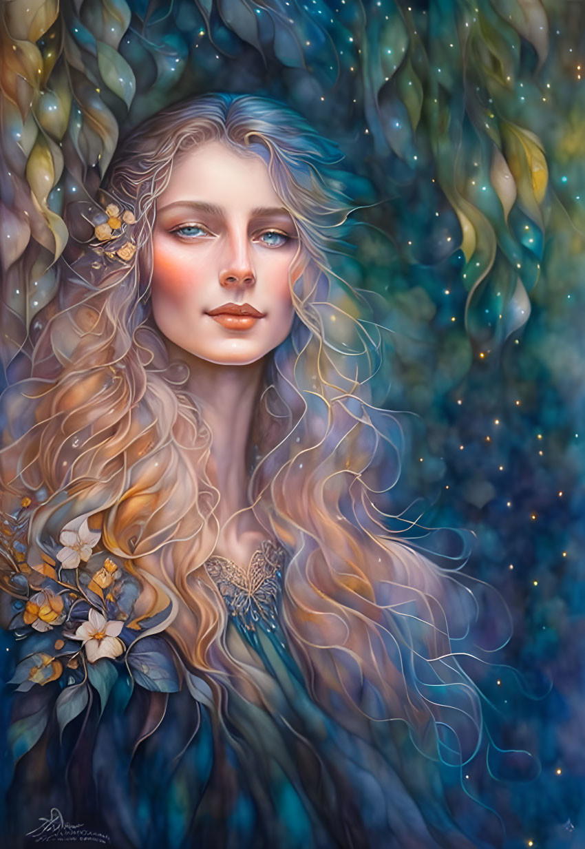 Digital artwork of woman with golden hair and flowers on cosmic background.