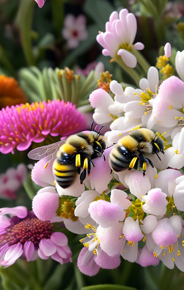 Bumblebees on Pink and White Flowers with Yellow Pollen