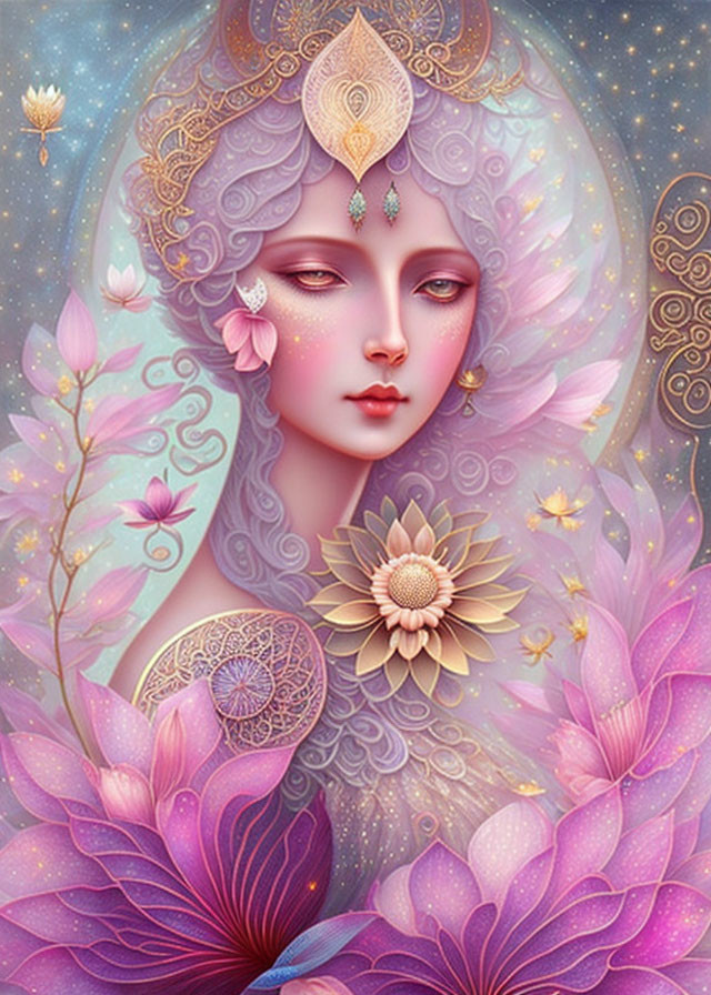 Illustration of serene woman with purple hair and gold ornaments in a mystical floral setting