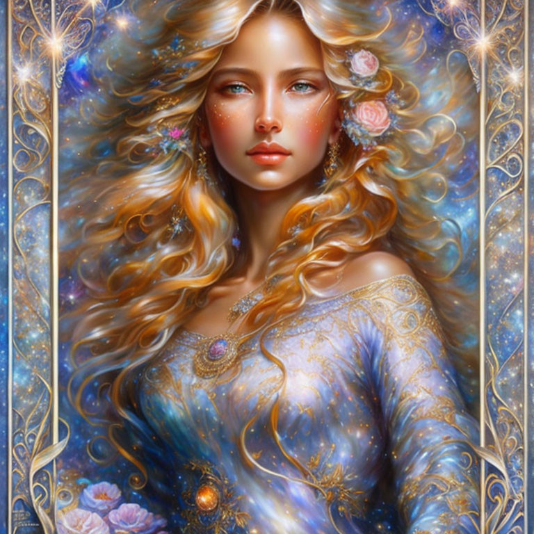 Portrait of woman with golden hair in starry blue dress in ornate frame