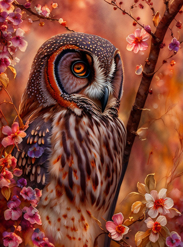 Owl in Pink Blossoms with Autumn Background