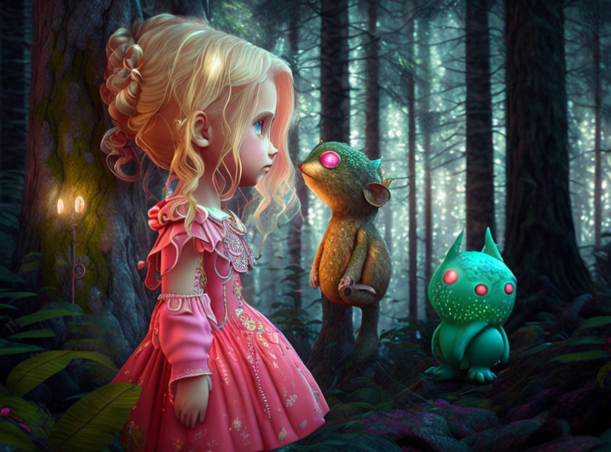 Blonde girl in pink dress meets glowing-eyed creature in enchanted forest