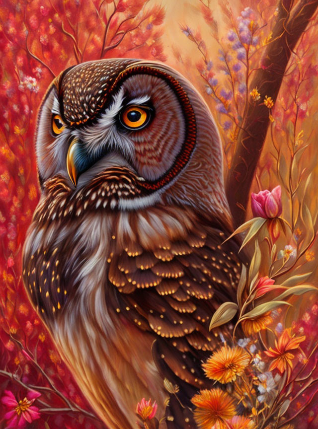 Detailed Owl Illustration with Red and Orange Foliage