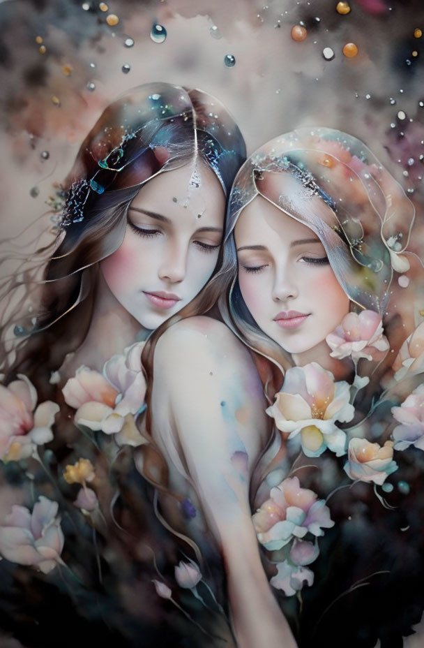 Ethereal women with flower-adorned hair in tranquil embrace