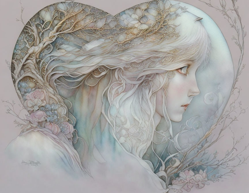 Fantasy illustration of woman with tree-like hair and blossoms in heart frame