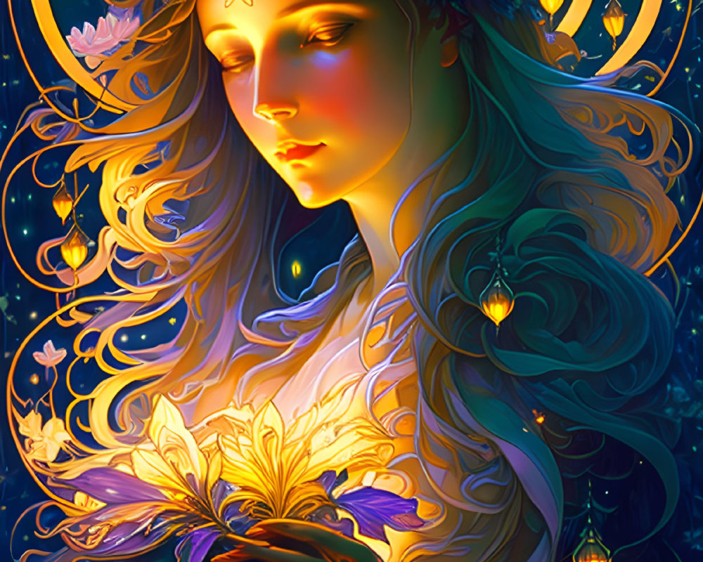 Illustrated woman with glowing flower in celestial setting