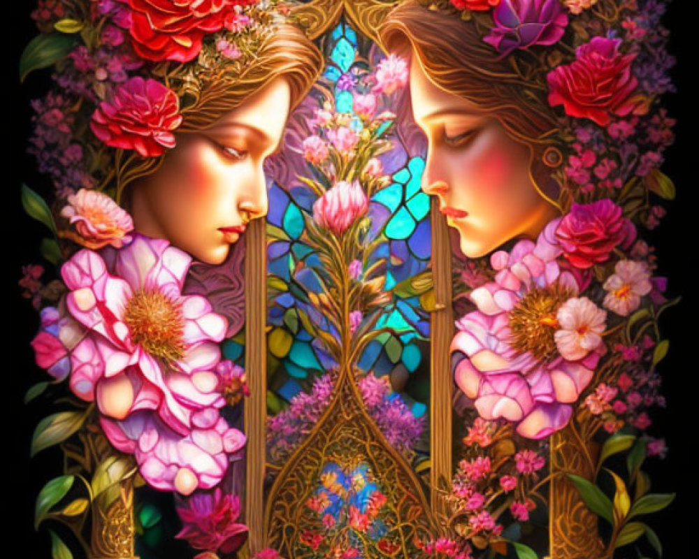 Intricate Artwork: Serene Faces, Vibrant Flowers, Golden Frame