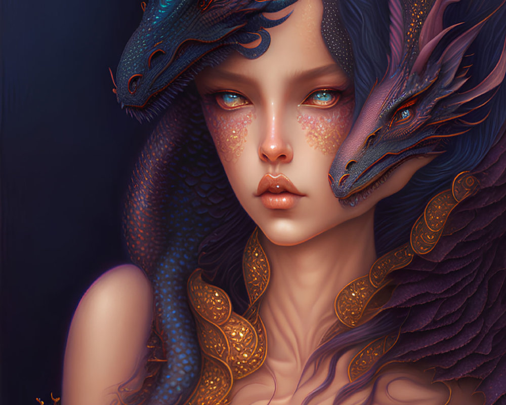 Fantasy illustration: Blue-skinned woman with dragon companions and golden jewelry.