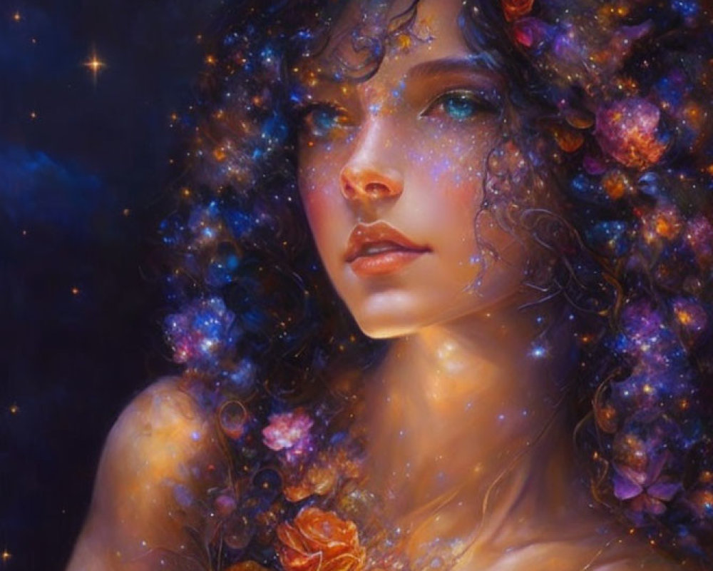 Portrait of woman with cosmic hair and floral adornments under starry night sky