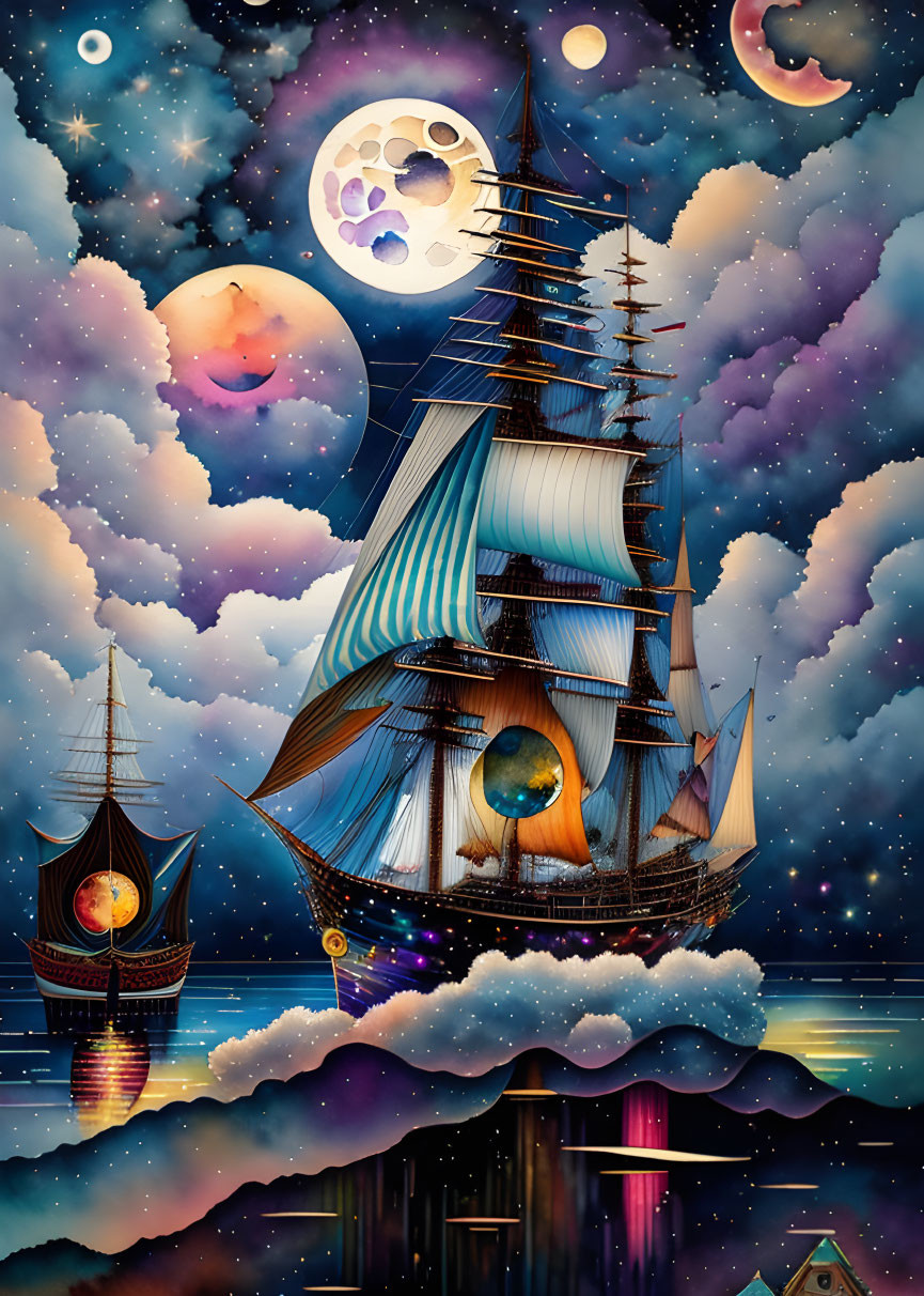 Fantasy-themed sailing ships and celestial bodies with faces on dreamlike sea and starry sky