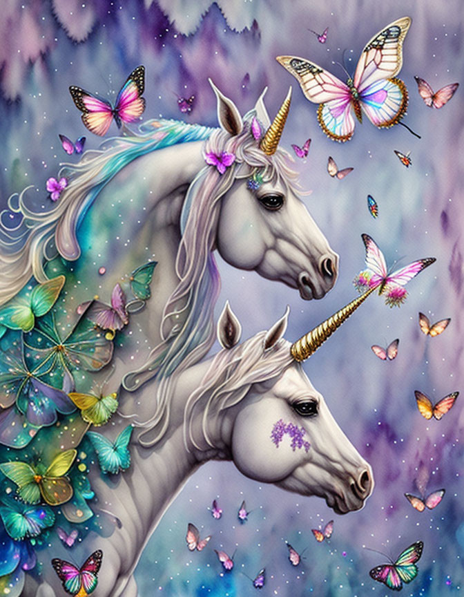 Illustrated unicorns with multicolored manes and butterflies on purple and blue backdrop