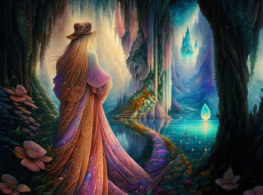 Enchanted forest scene with woman in flowing gown by mystical castle