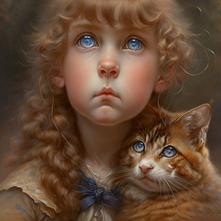 Portrait of girl and kitten with matching blue eyes and curly hair in a poignant scene