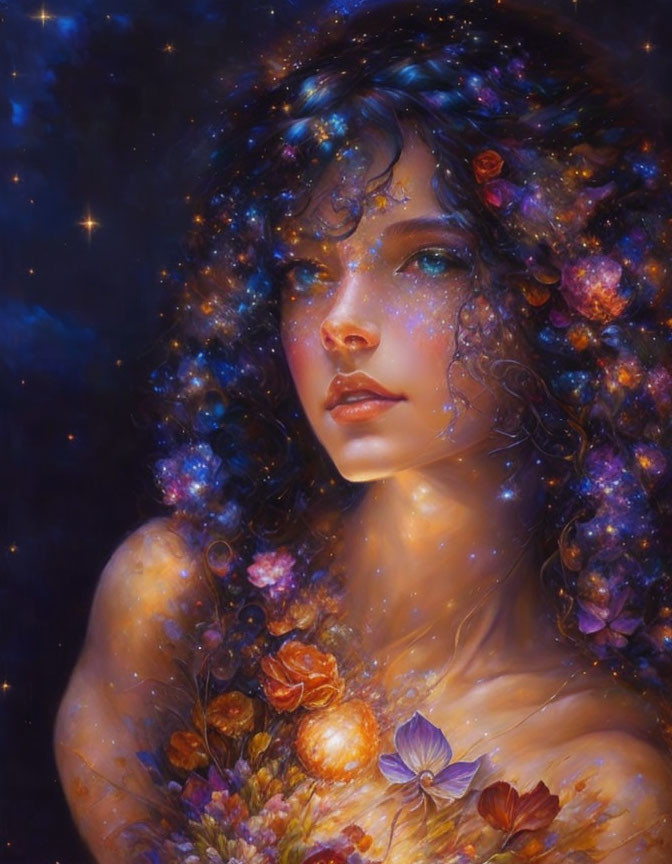 Portrait of woman with cosmic hair and floral adornments under starry night sky