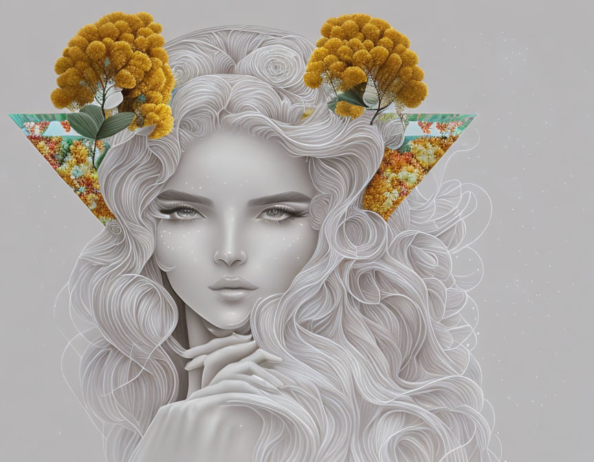 Voluminous white hair woman with yellow flowers and geometric patterns.