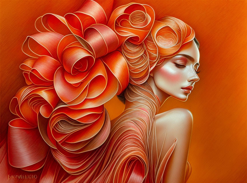 Woman with Elaborate Red-Orange Rose Hairstyle on Orange Background