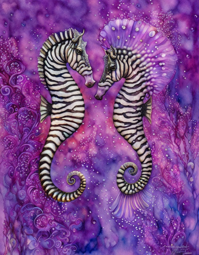 Stylized seahorses with zebra-like patterns in heart shape on cosmic background