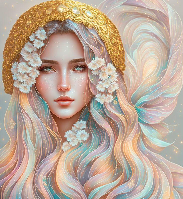 Multicolored flowing hair woman with white flowers and golden headpiece on starry background